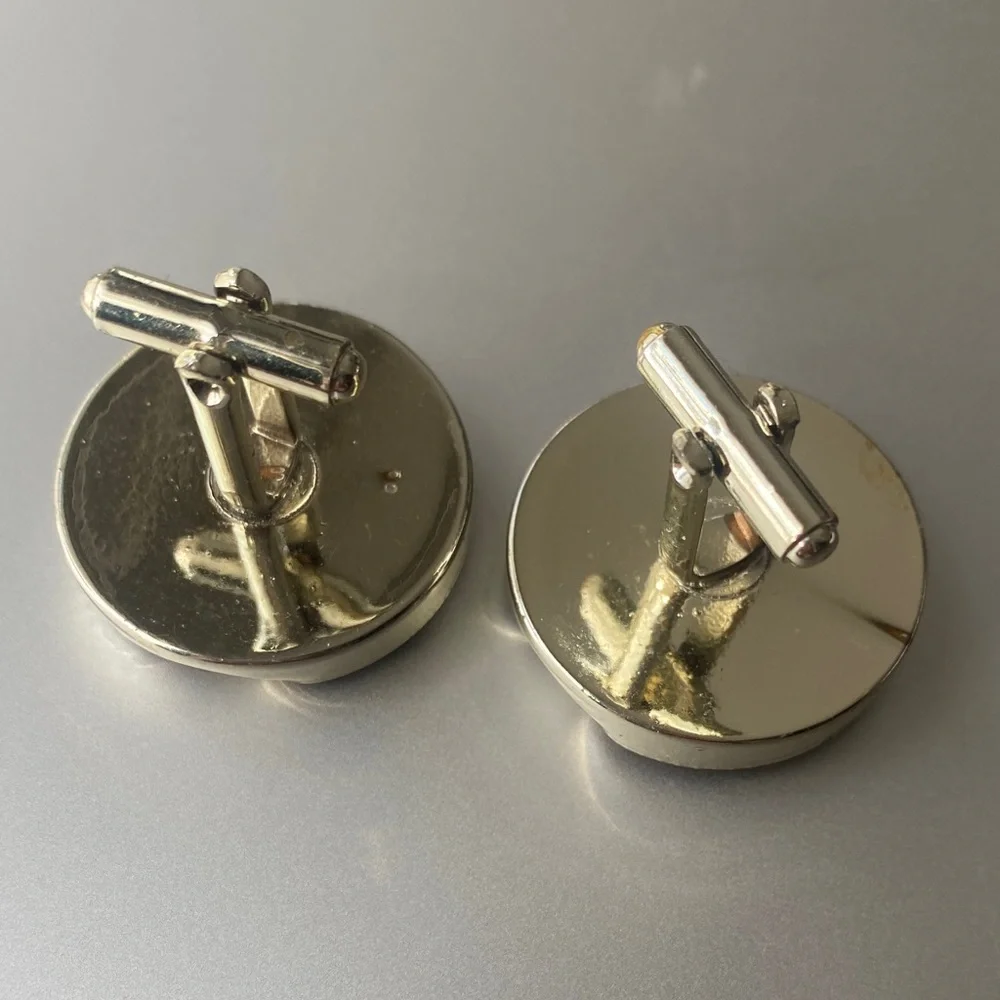 Vintage Brown Wood and Silver Tone Round Cuff Links